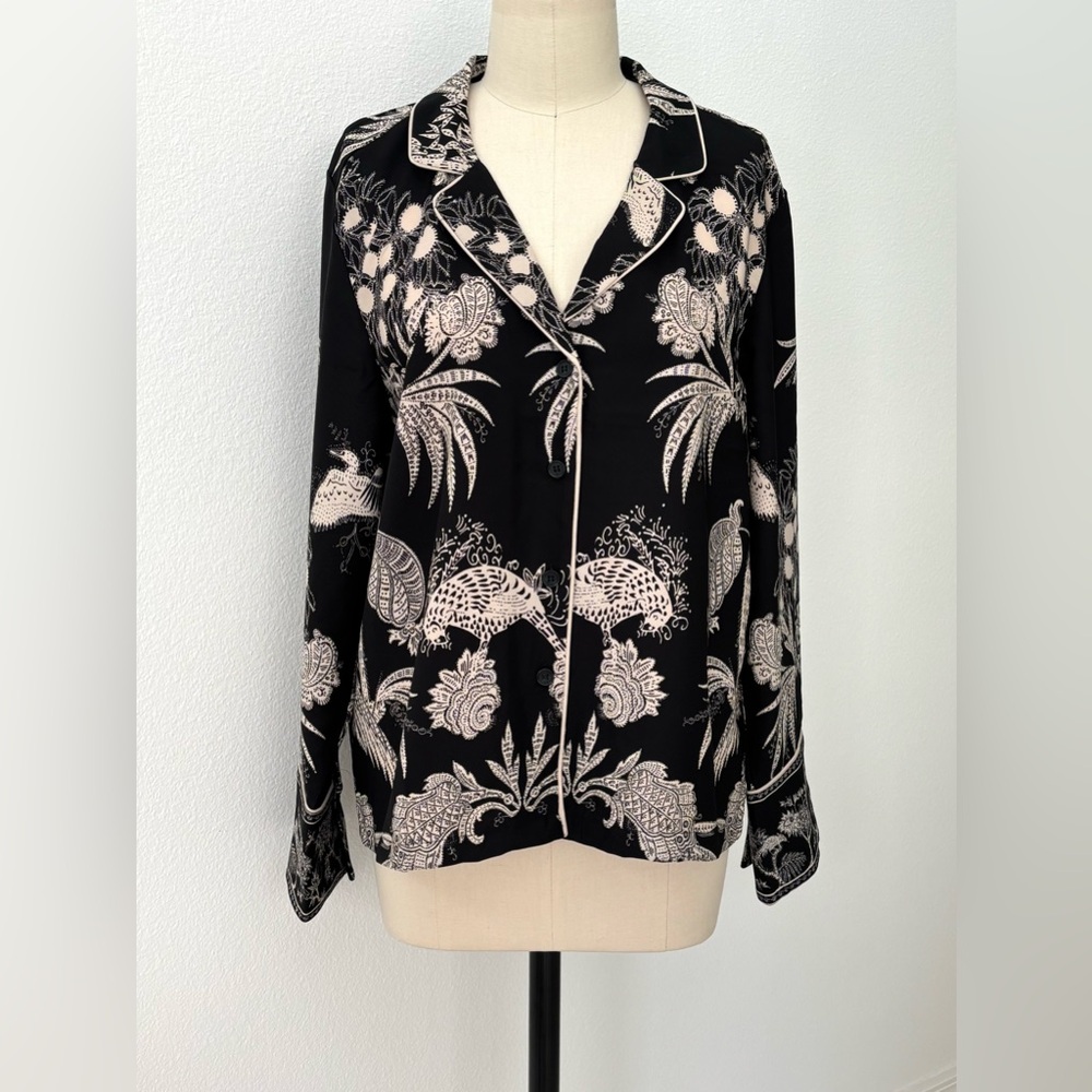 H&M Printed Resort Shirt NWT Black Cream Print Chinoiserie Button Front M